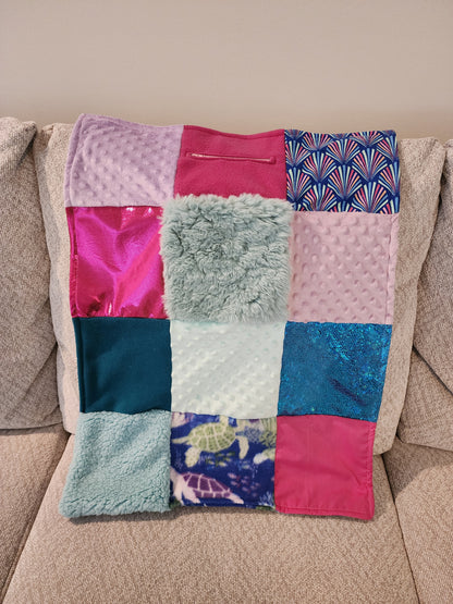 Sensory Blanket- Turtles Theme Push fur zipper pocket turtles pink shimmer mermaid shimmer