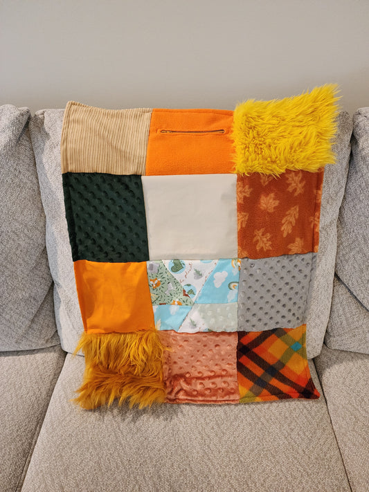 Sensory Blanket- Fall Theme Push fur zipper pocket plaid corduroy fleece cotton fall leaves