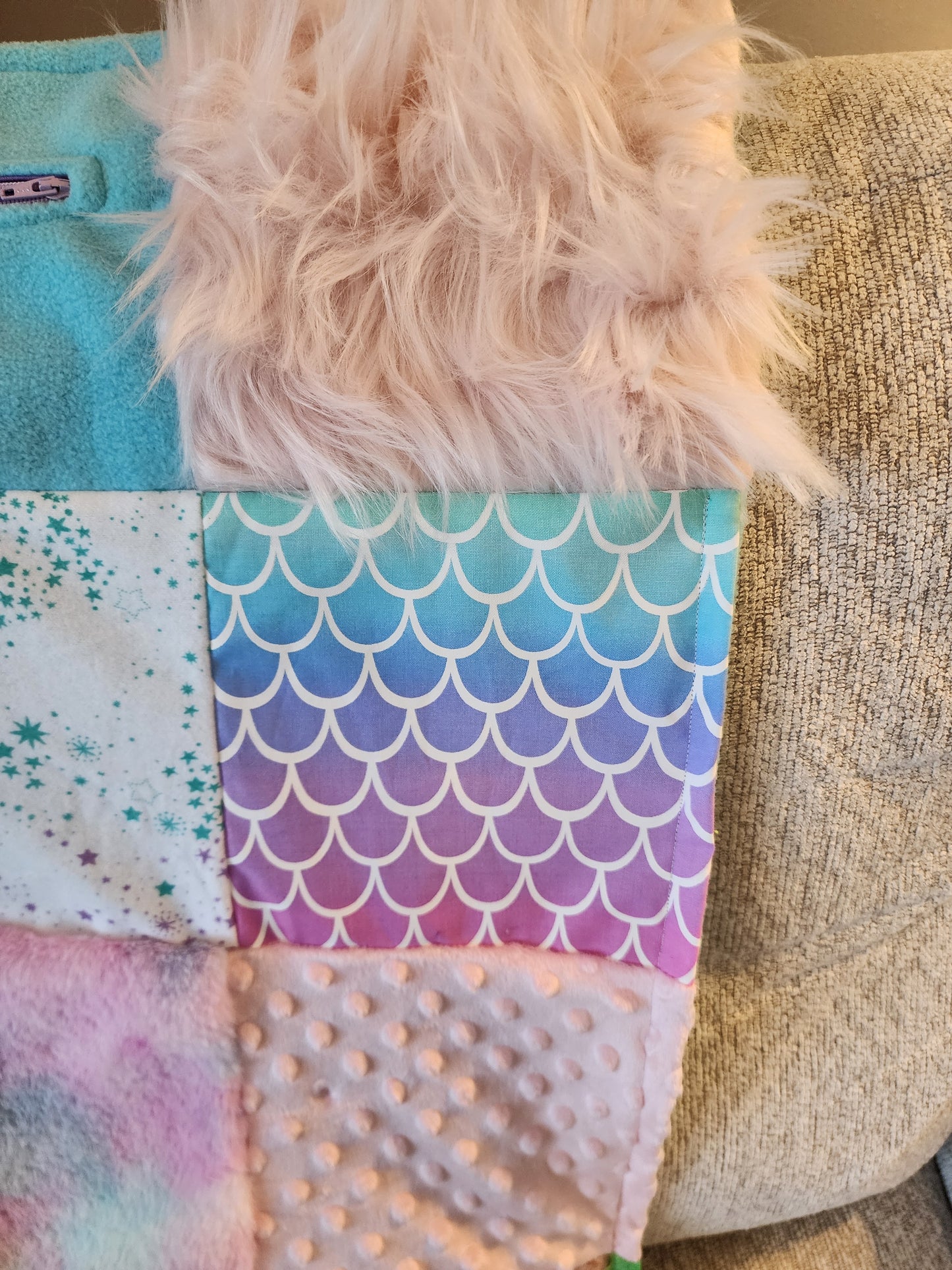 Sensory Blanket- mermaid scales Theme fidget lap blanket Dementia cotton candy