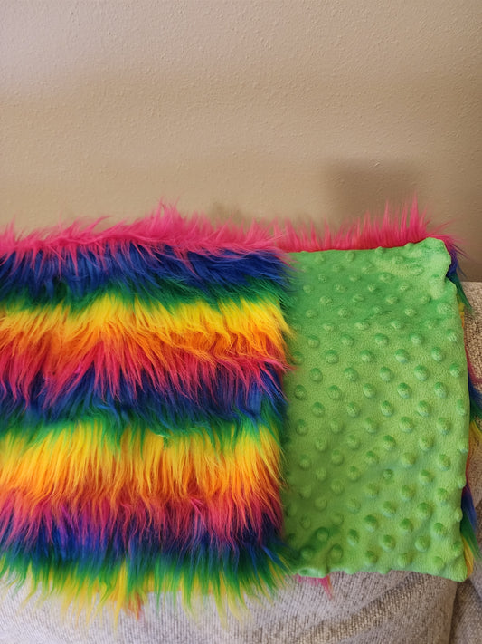 Sensory Square-Rainbow plush fur green dimple dot minky