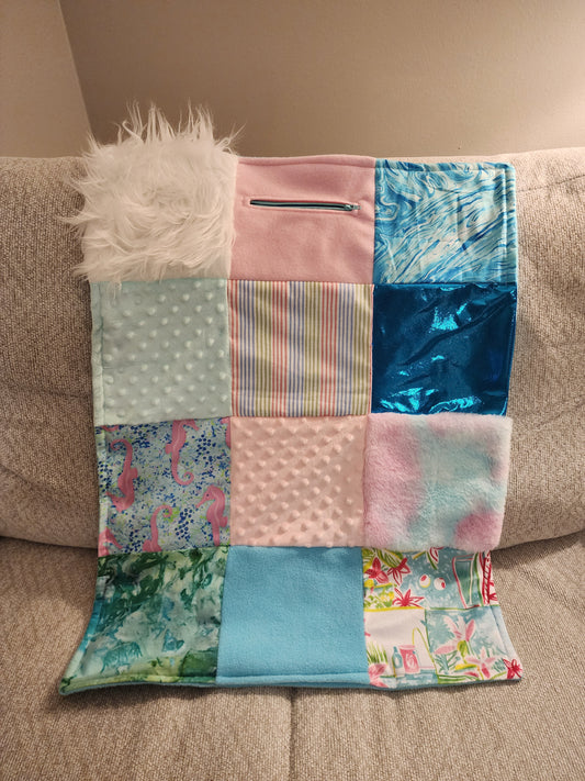 Sensory Blanket- Seahorse Theme fidget lap blanket Dementia cotton candy Lilly Pulitzer inspired