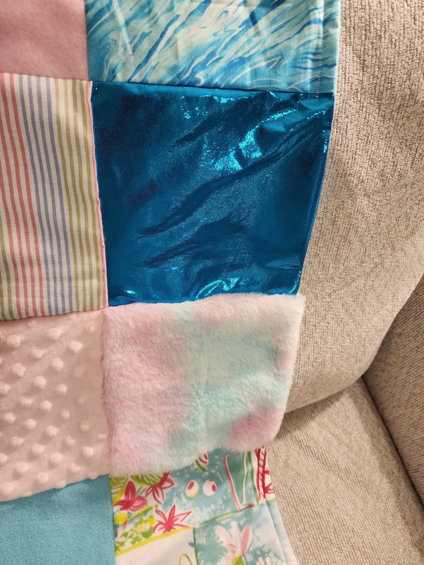 Sensory Blanket- Seahorse Theme fidget lap blanket Dementia cotton candy Lilly Pulitzer inspired