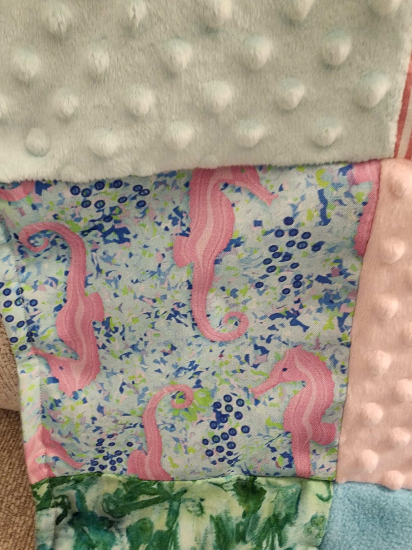 Sensory Blanket- Seahorse Theme fidget lap blanket Dementia cotton candy Lilly Pulitzer inspired
