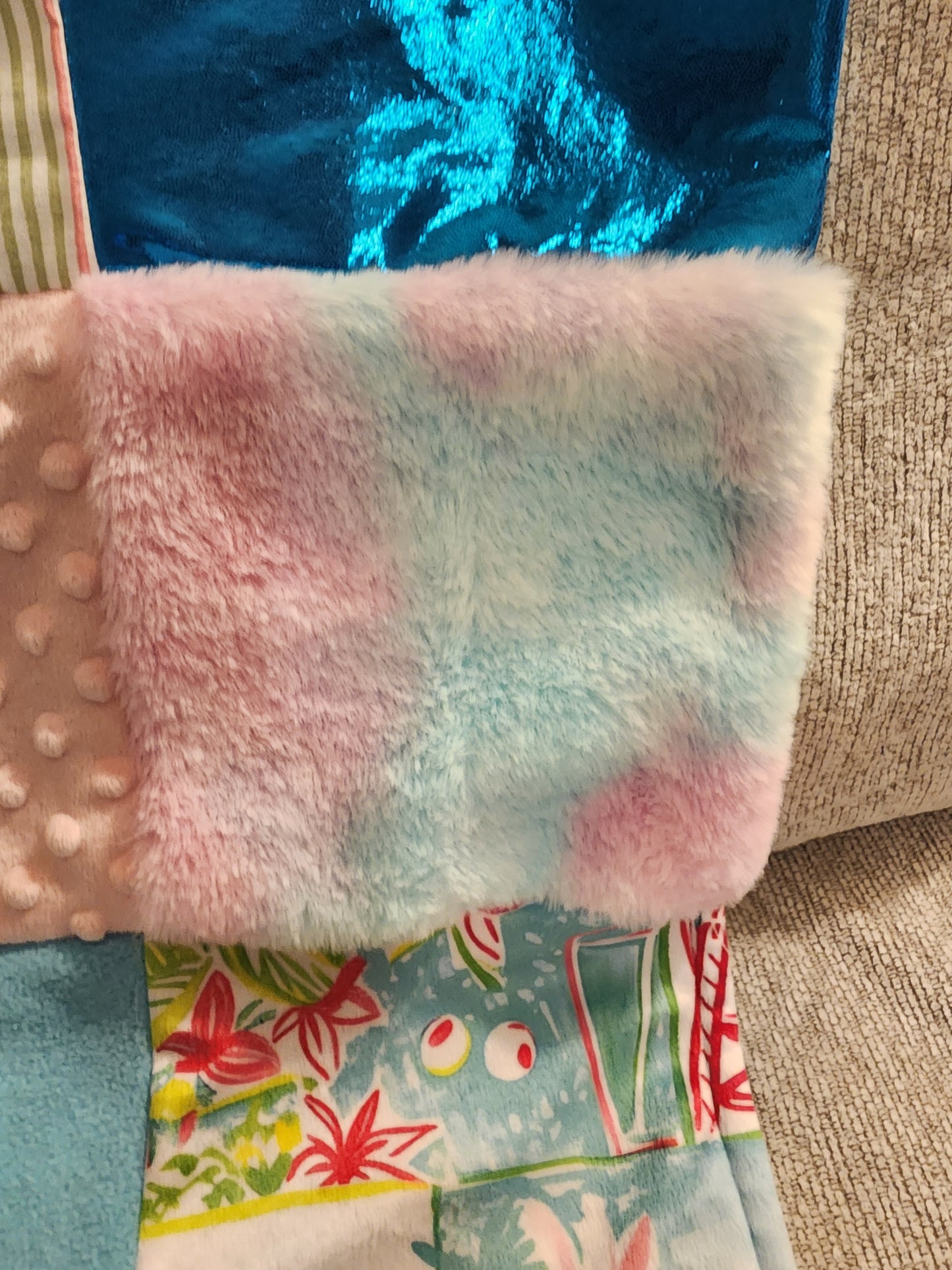 Sensory Blanket- Seahorse Theme fidget lap blanket Dementia cotton candy Lilly Pulitzer inspired