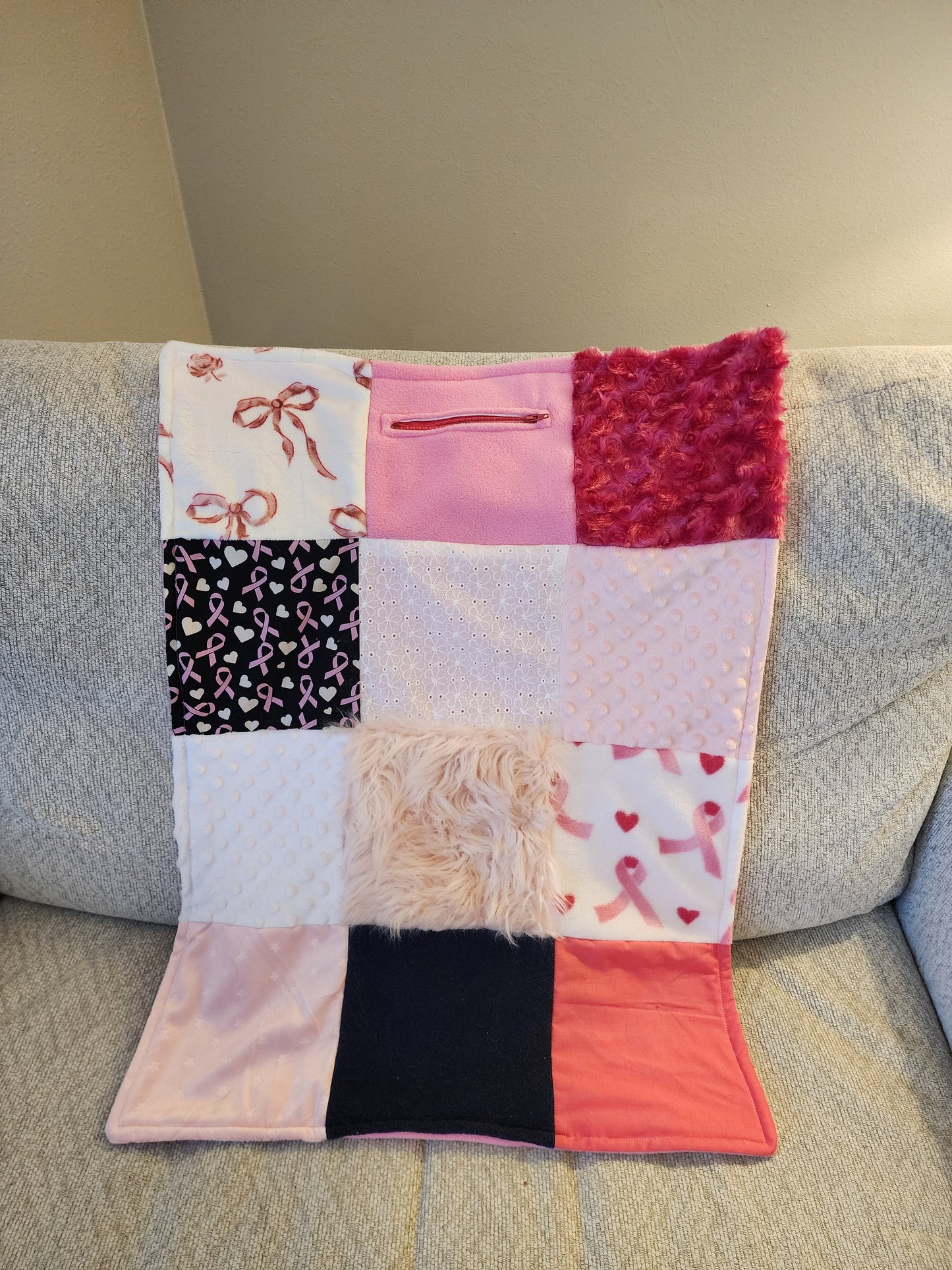 Sensory Blanket- Breast Cancer Theme fidget lap blanket Dementia Pink Ribbon