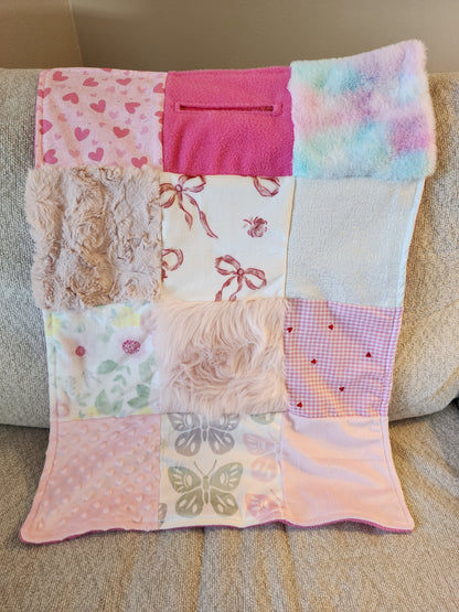 Sensory Blanket- Pink hearts and ribbons Theme fidget lap blanket Dementia