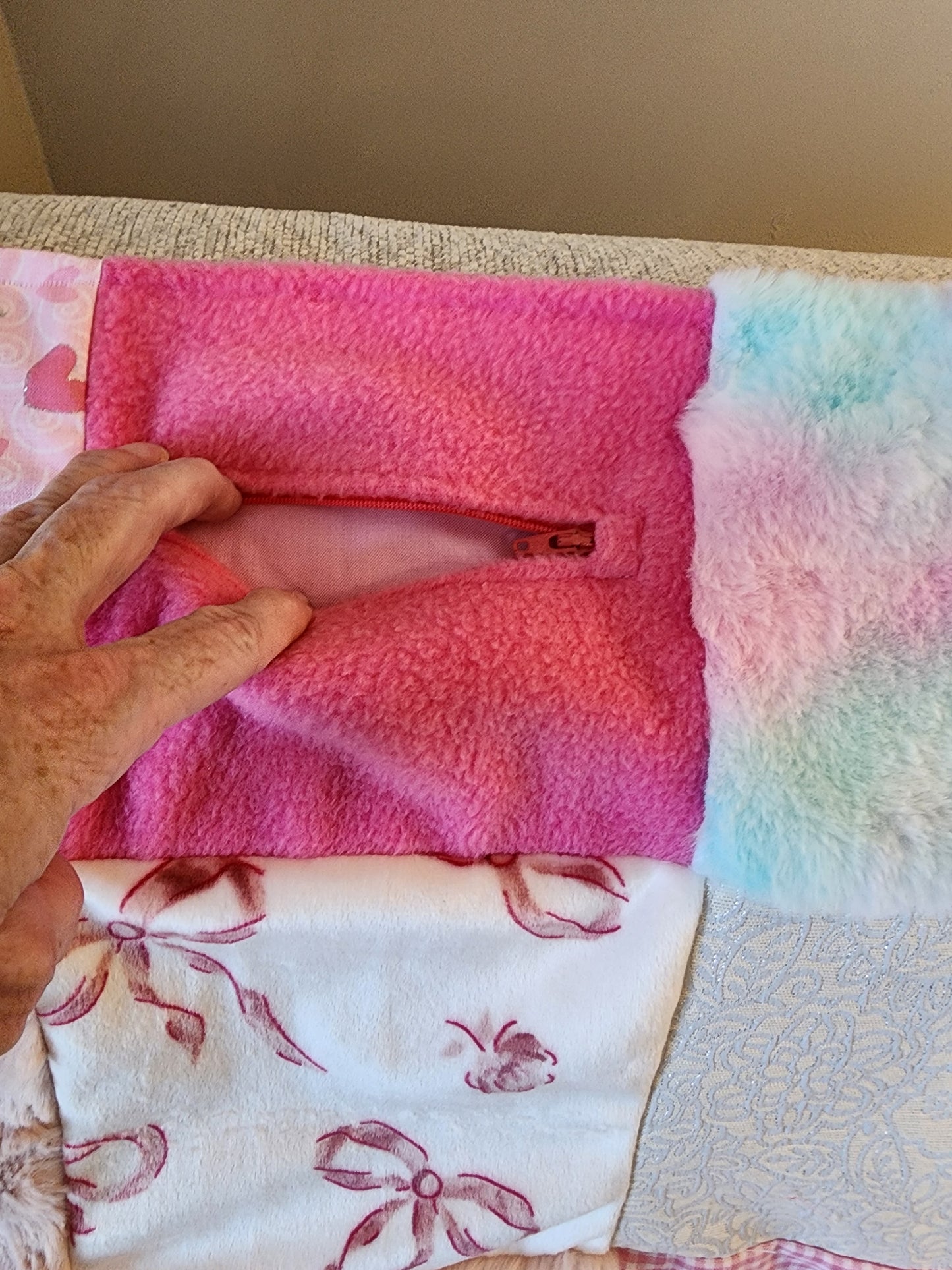 Sensory Blanket- Pink hearts and ribbons Theme fidget lap blanket Dementia