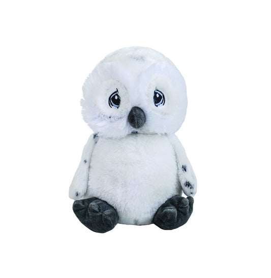 A soft, furry white, light gray and hint of purple 8” plush owl stuffy on a white background. *Comes unstuffed.