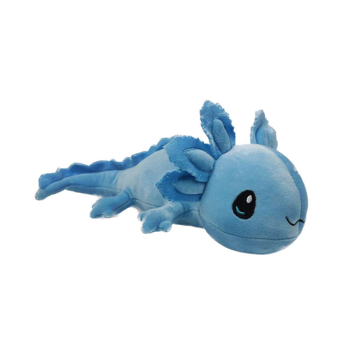 A soft, blue 8” plush axolotl stuffy laying down with a white background. *Comes unstuffed.