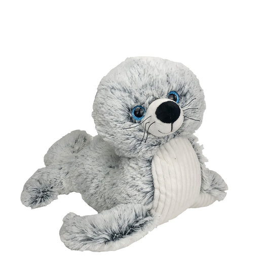 A soft, furry 16” plush light gray and white seal stuffy sitting with a white background. *Comes unstuffed.