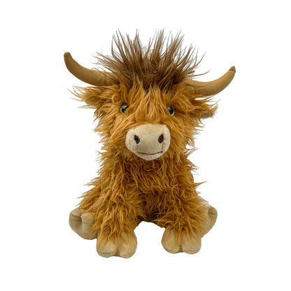 A soft, furry 16" plush Hazel the Highland Cow sitting with a white background *Comes unstuffed.