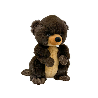 Picture of a soft, furry 16” plush brown and light brown Beaver stuffy sitting with a white background. *Comes unstuffed.