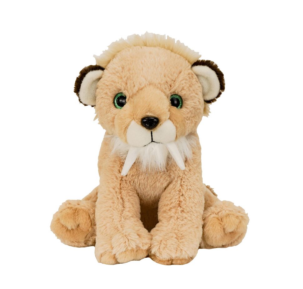 A soft, furry 16” tan and white plush Sabretooth stuffy sitting with a white background. *Comes unstuffed.