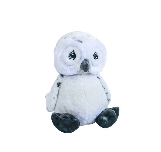 A soft, 16” white and light purple plush Owl stuffy sitting with a white background. *Comes unstuffed.