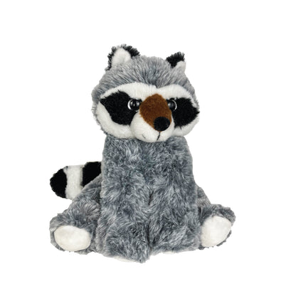 A soft, furry 8” plush gray, white and black raccoon stuffy sitting with a white background. *Comes unstuffed.