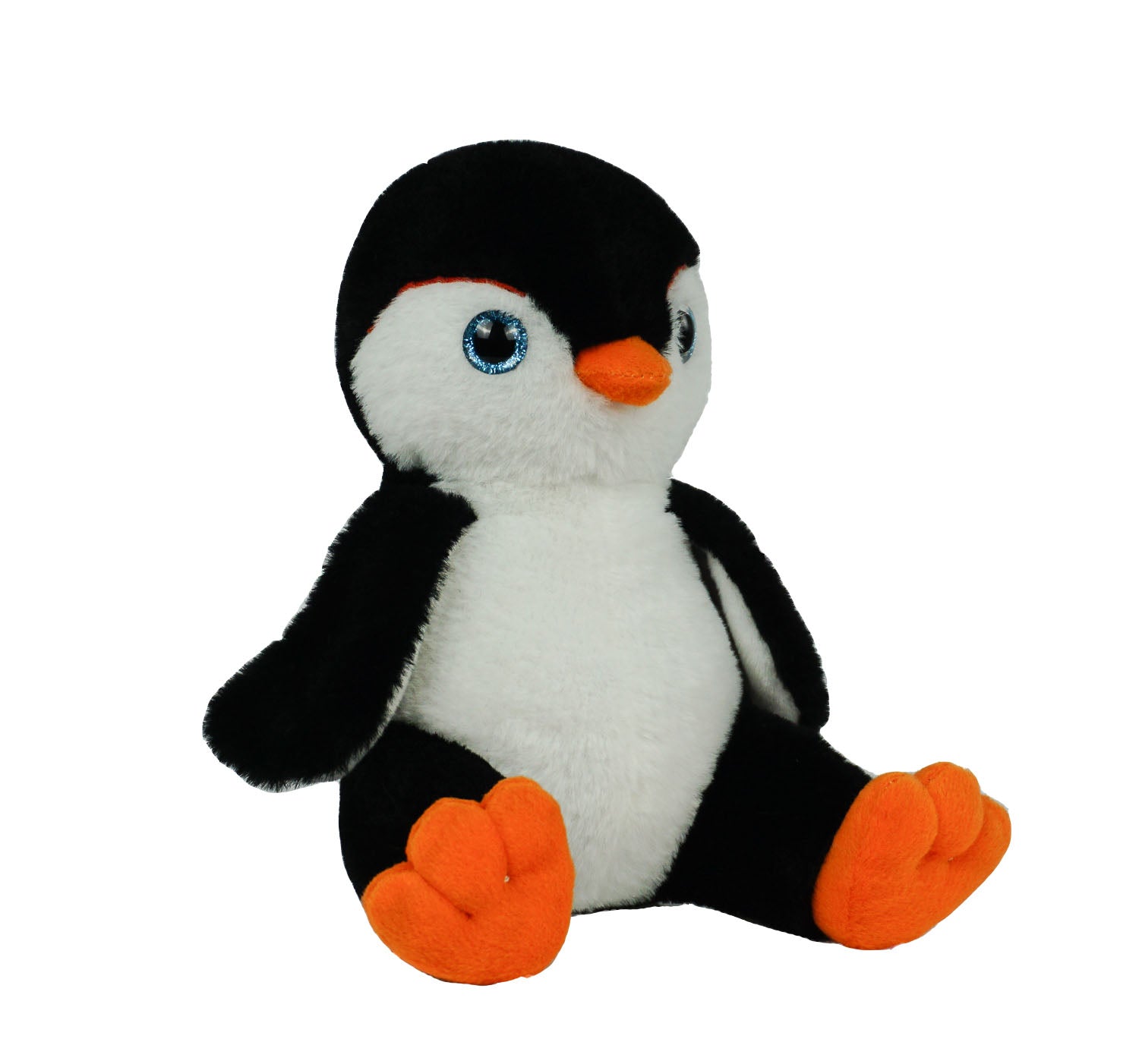 A soft, 8” traditional colored plush penguin stuffy with ice blue eyes sitting with a white background. *Comes unstuffed.