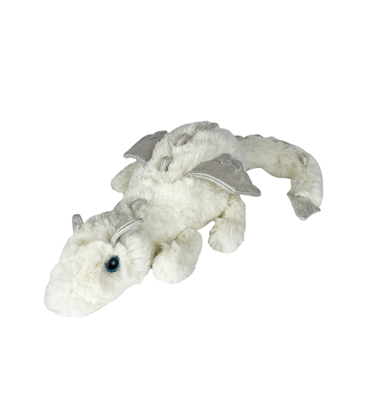 A soft, furry 8” plush dragon stuffy white with sparkly silver wings, ears, tip of tail and ice blue eyes laying down with a white background. *Comes unstuffed.