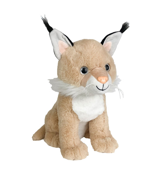 A soft, furry 16” plush Lynx stuffy sitting with a white background *Comes unstuffed.