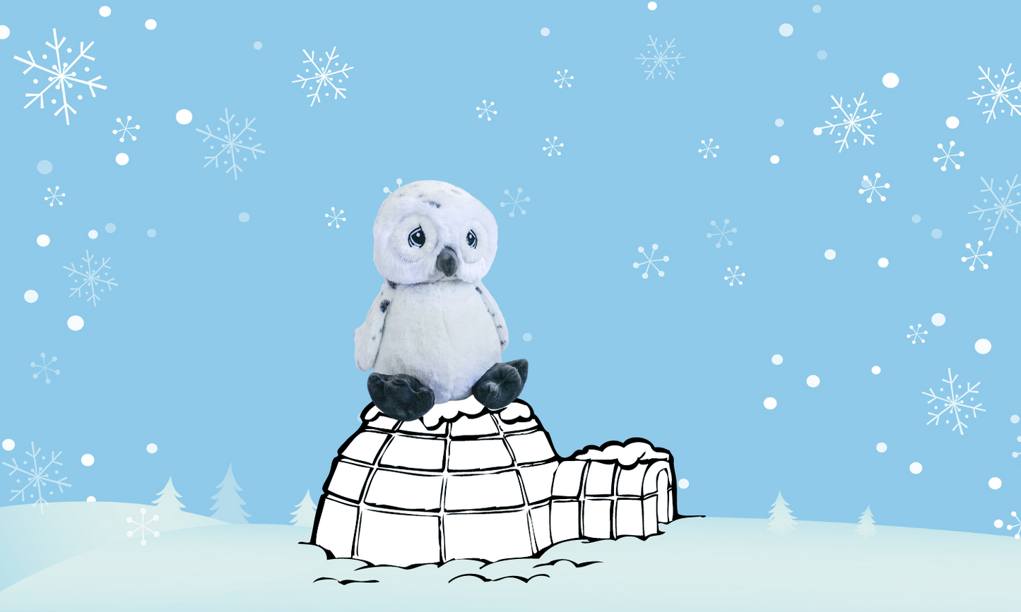 Picture of a soft, furry 16” plush Owl stuffy sitting on an igloo with a snowy background. 