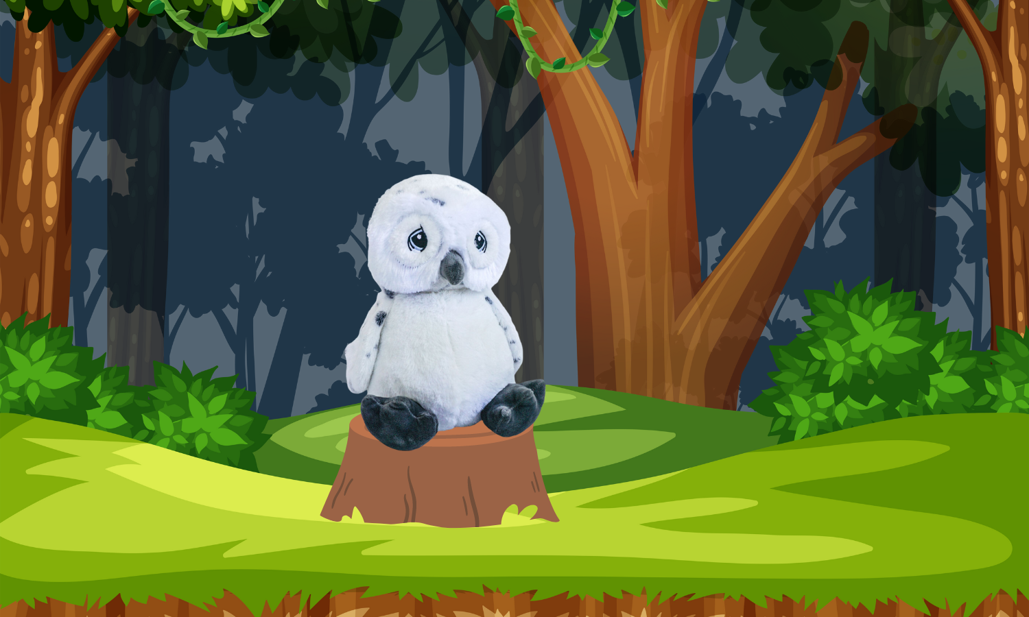 A soft 16” plush Owl stuffy sitting on a tree stump with a forest background. *Comes unstuffed.