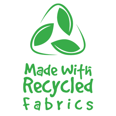 Green leaf recycle sign with words below "Made with recycled fabrics".