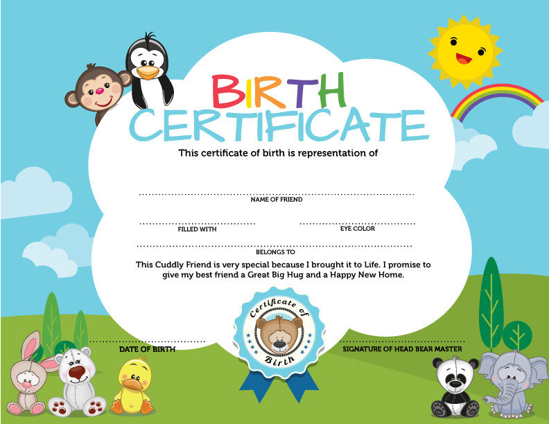 A colorful birth certificate for the Stuff Buddies on a 6x9 card stock.