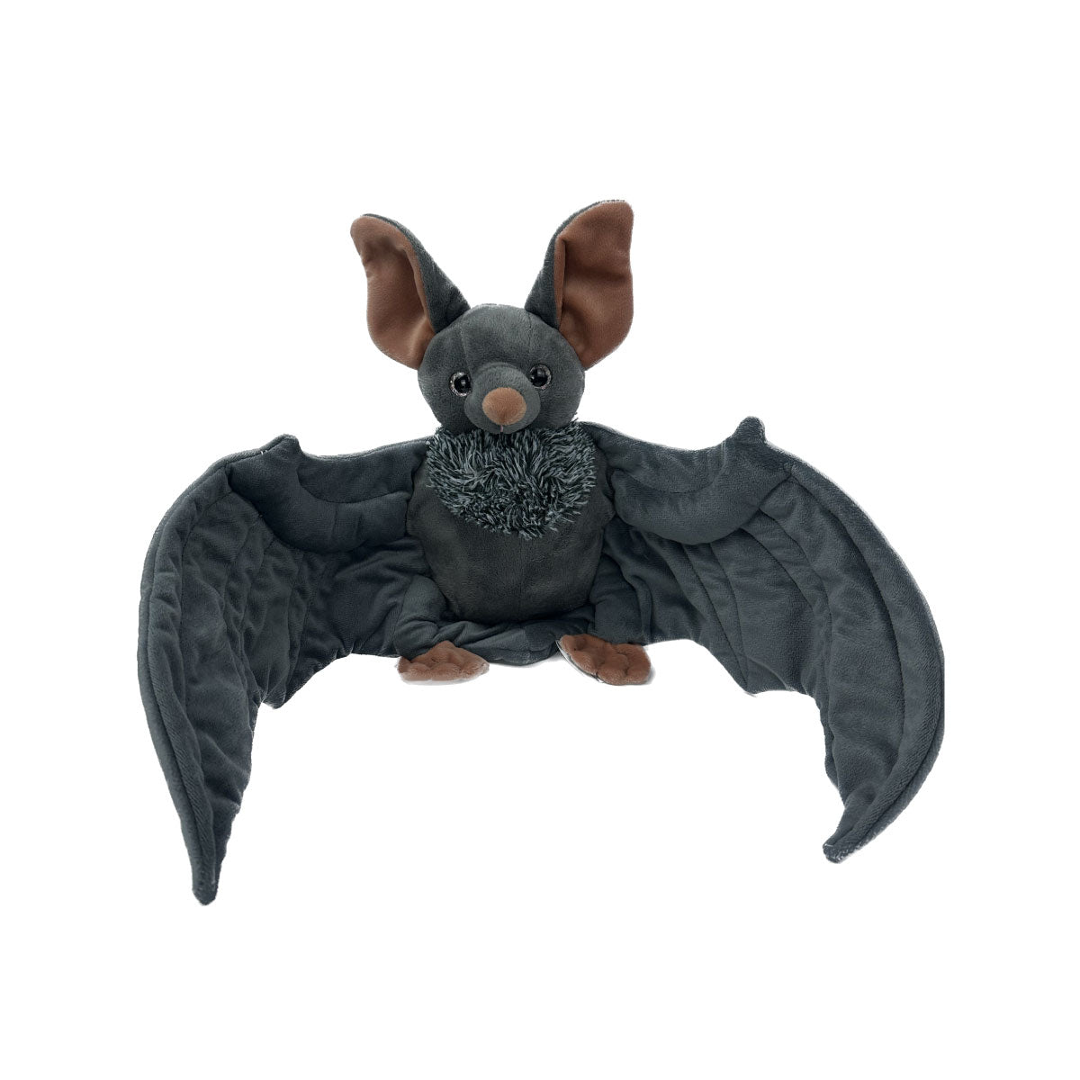 A soft, charcoal gray with brown inner ears and feet 16” plush bat stuffy sitting with a white background. *Comes unstuffed.