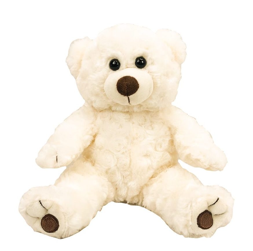 A soft, furry 8” white twist plush bear stuffy sitting with a white background. *Comes unstuffed.