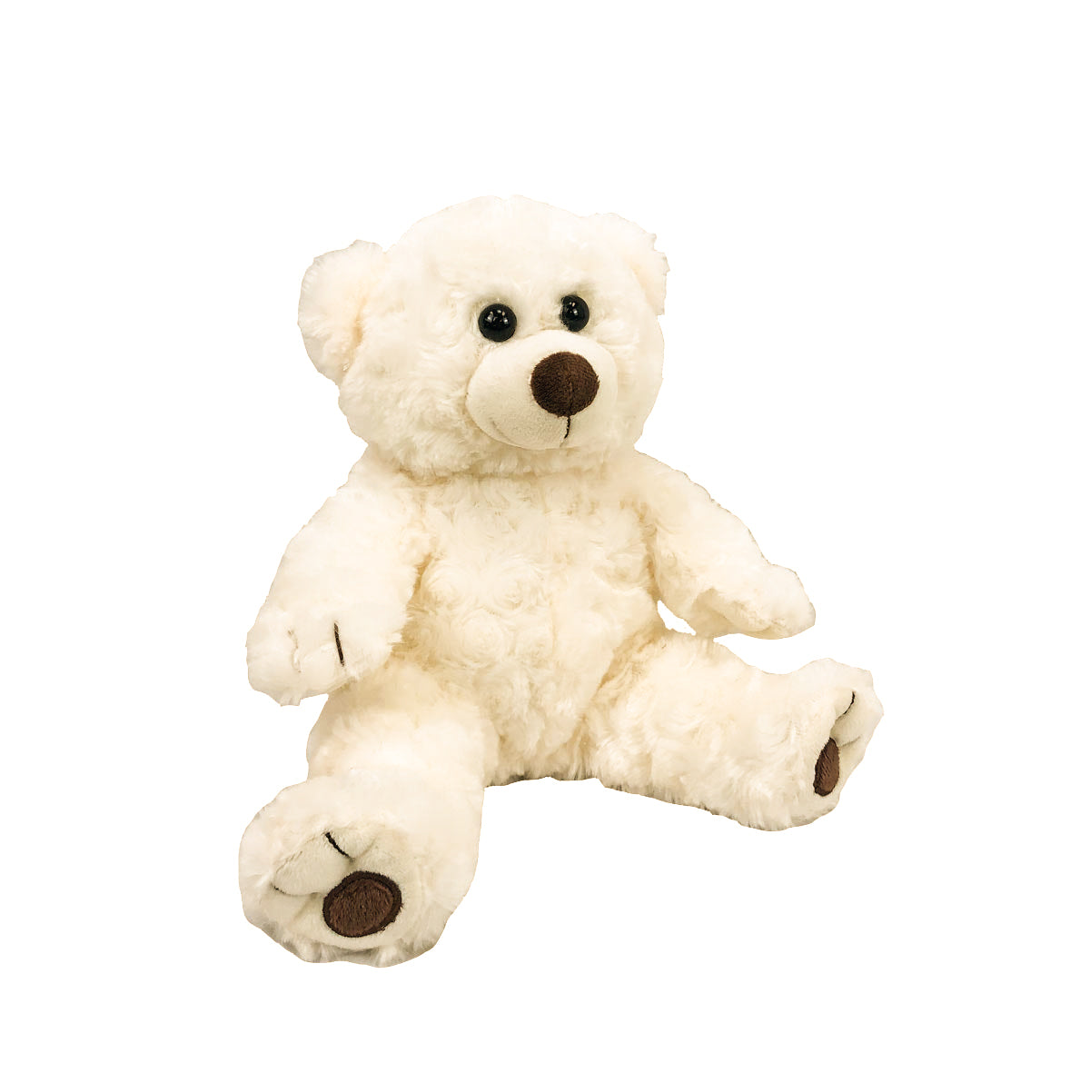 A soft, furry 8” white twist plush bear stuffy sitting on an angle with a white background. *Comes unstuffed.