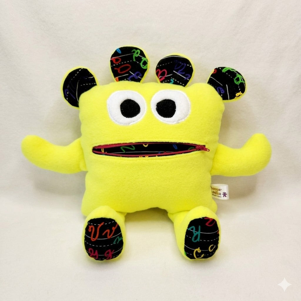 Chomper Buddy 14" Neon Yellow fleece with Cursive alphabet lining