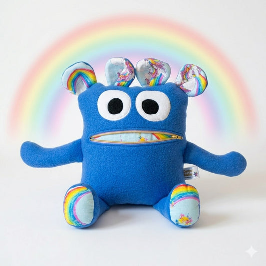 Chomper Buddy 14" Blue fleece with rainbow and unicorn lining
