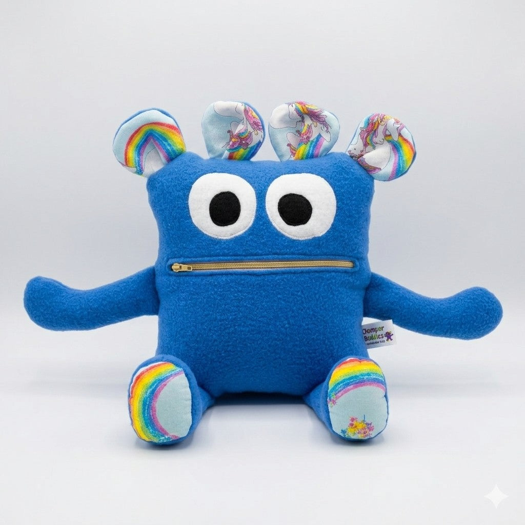 Chomper Buddy 14" Blue fleece with rainbow and unicorn lining