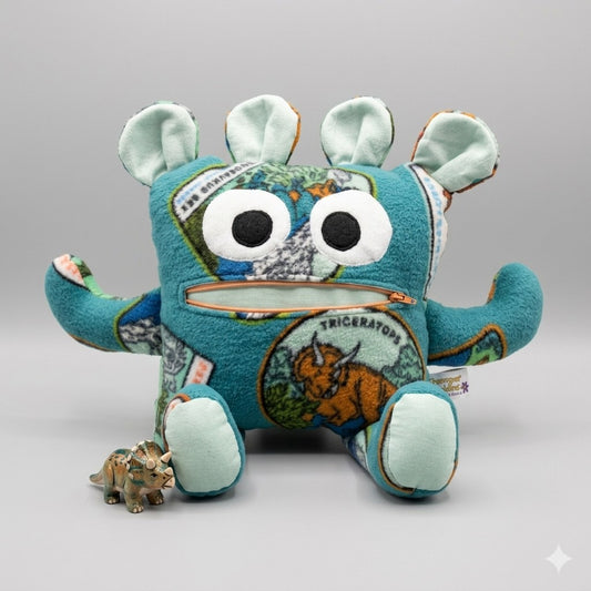 Chomper Buddy 14" teal with dinosaurs fleece and mint color lining
