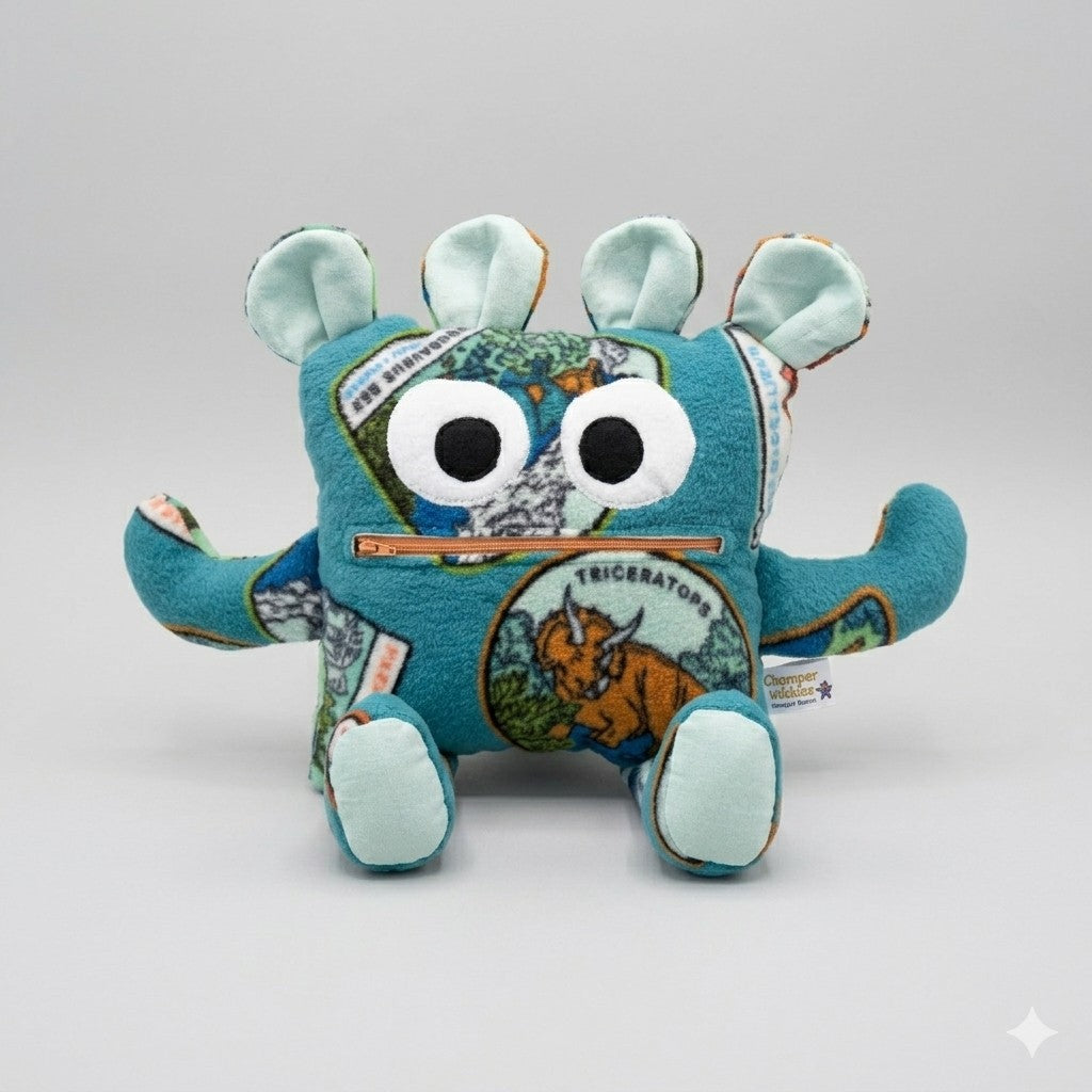 Chomper Buddy 14" teal with dinosaurs fleece and mint color lining