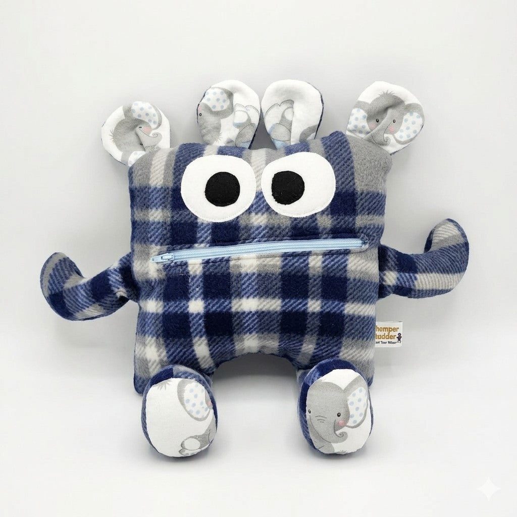 Chomper Buddy 14" Blue and gray plaid with baby elephant lining