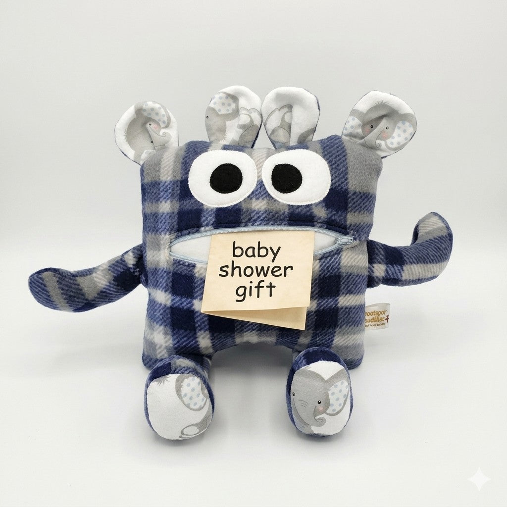 Chomper Buddy 14" Blue and gray plaid with baby elephant lining