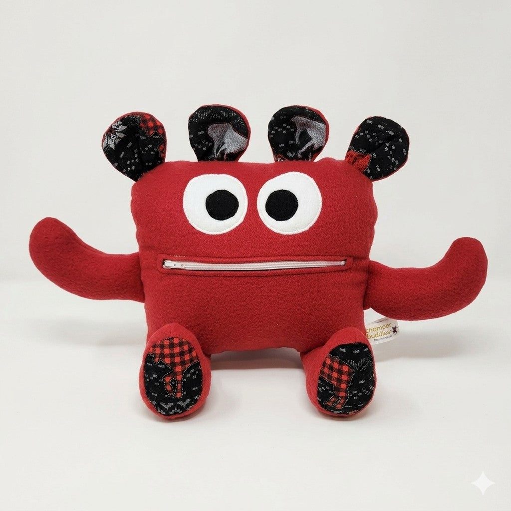 Chomper Buddy Red fleece with black & red moose print 14"