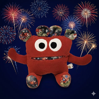 Chomper Buddy Dark red with fireworks and trucks 14"
