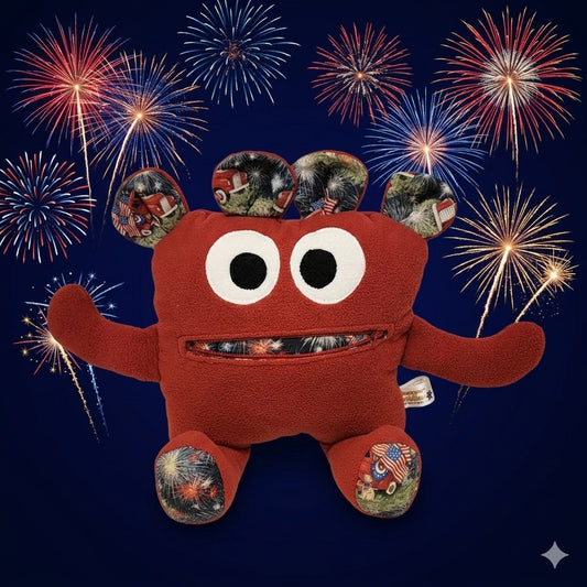 Chomper Buddy Dark red with fireworks and trucks 14"