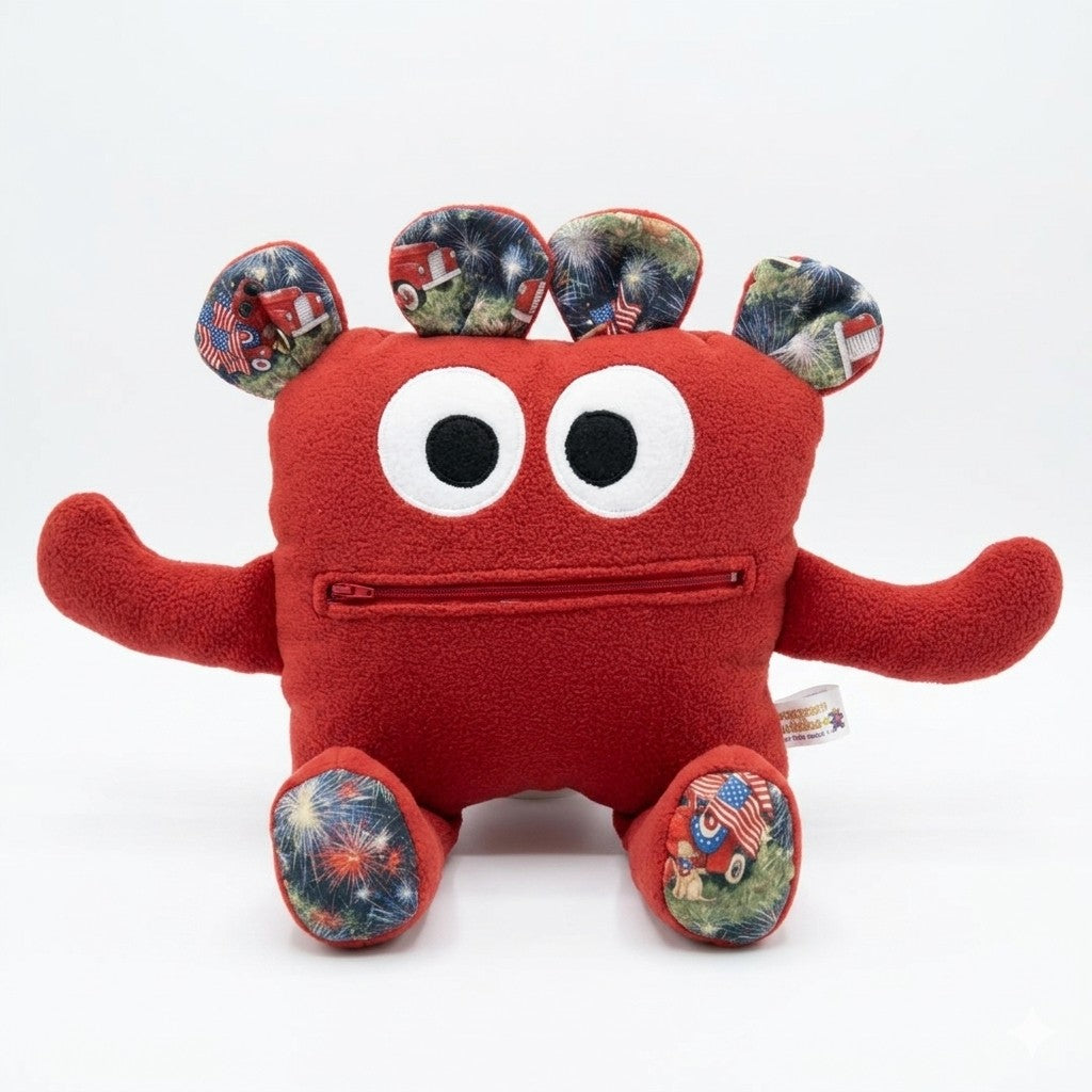 Chomper Buddy Dark red with fireworks and trucks 14"