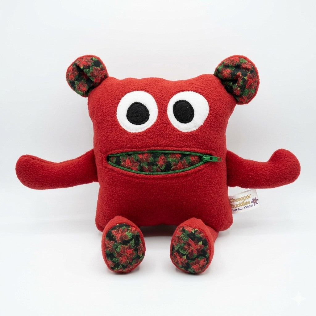 Chomper Buddy 11" Red fleece with Poinsettia lining