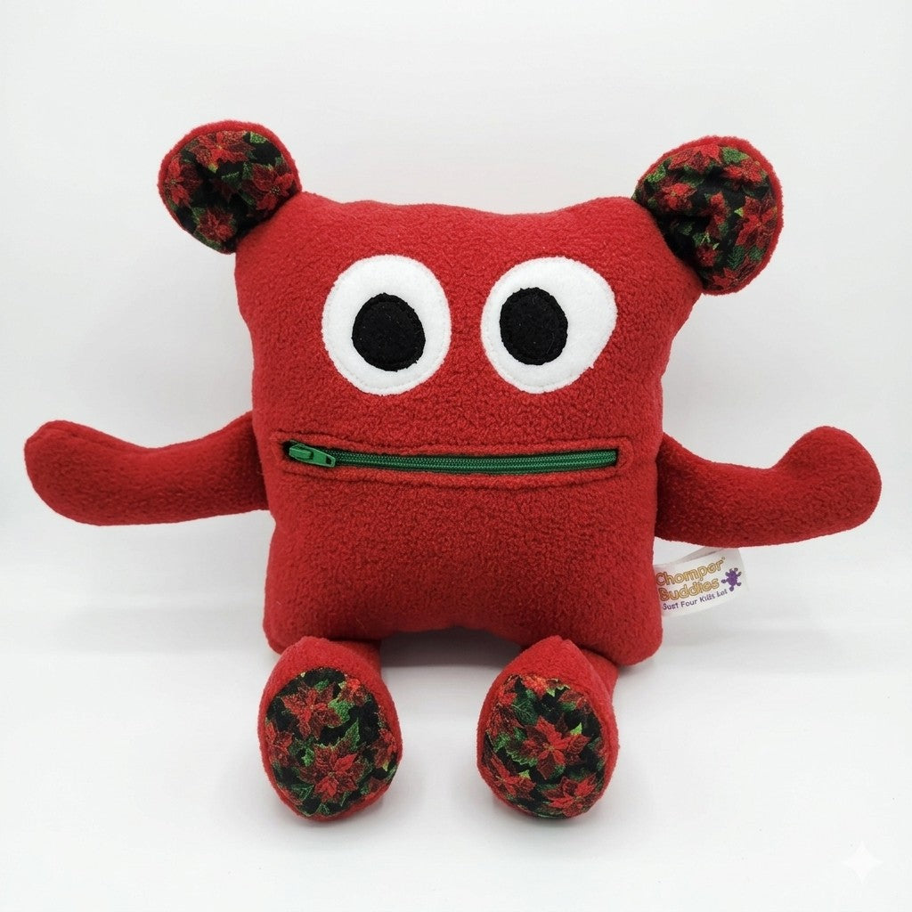 Chomper Buddy 11" Red fleece with Poinsettia lining