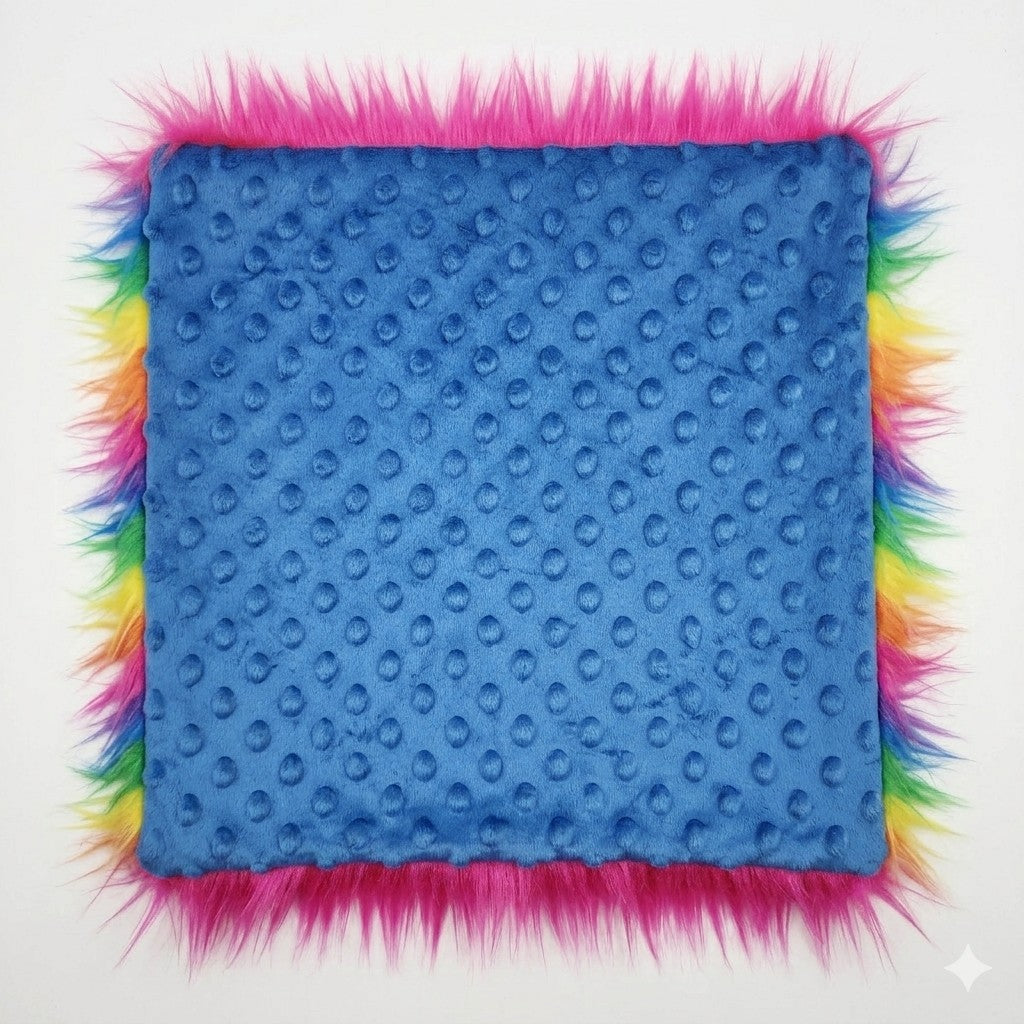 Sensory Square-Rainbow plush fur royal blue dimple dot minky