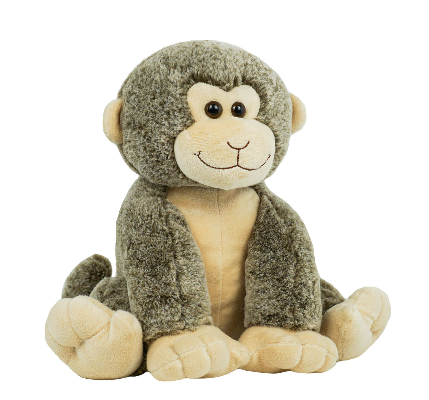 A soft, furry 16” soft plush happy monkey stuffy sitting on an angle with a white background. *Comes unstuffed.