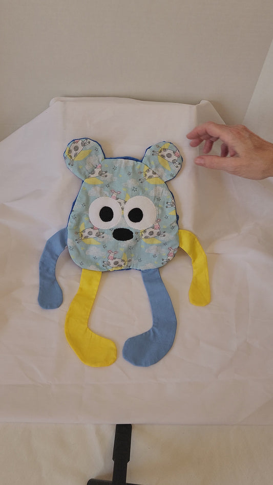 Crinkle Buddy Bear- Cows over the moon blue minky back