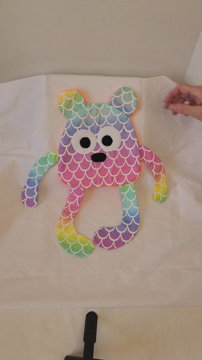 Crinkle Buddy Bear- Mermaid Scale Cotton with neon fleece back