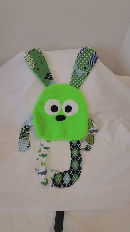 Crinkle Buddy Bunny- Neon Green with Alligator, Argyle and Minky