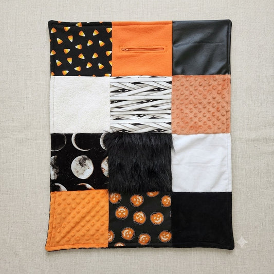 Sensory Blanket- Halloween Theme Push fur zipper pocket candycorn pumpkins