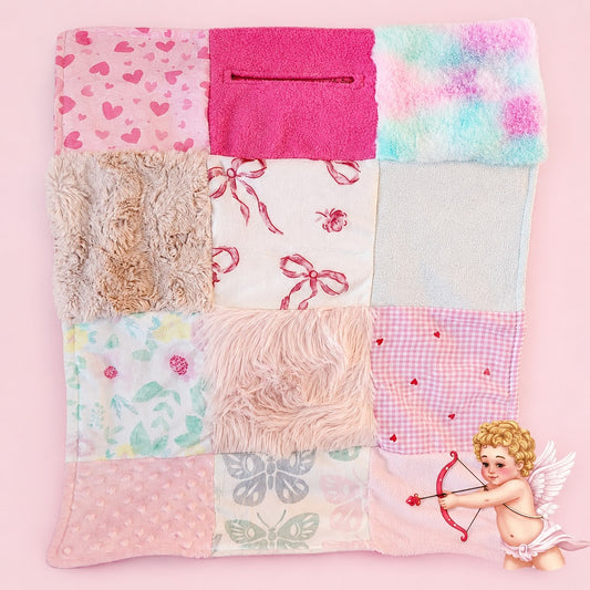Sensory Blanket- Pink hearts and ribbons Theme fidget lap blanket Dementia