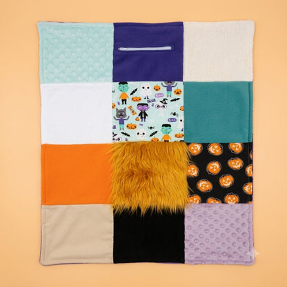 Sensory Blanket- Halloween Theme Plush fur zipper pocket Frankenstein pumpkins